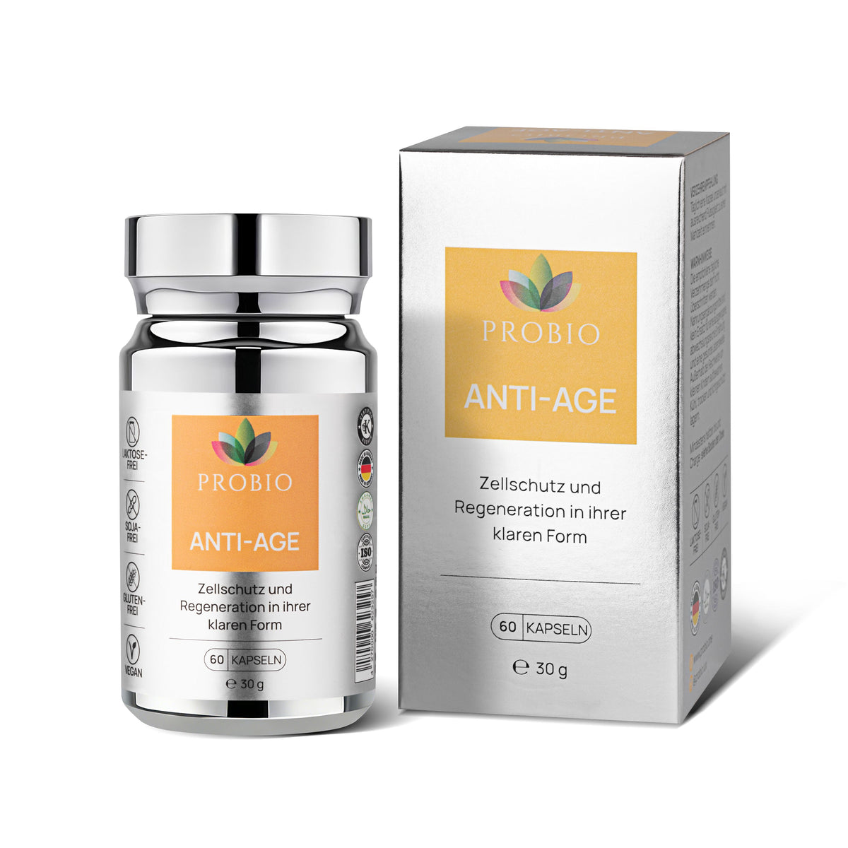 Probio Anti-Age – Nahrungsergänzungsmittel mit OPC, Resveratrol und Coenzym Q10, Silberdose und Faltschachtel, 60 Kapseln