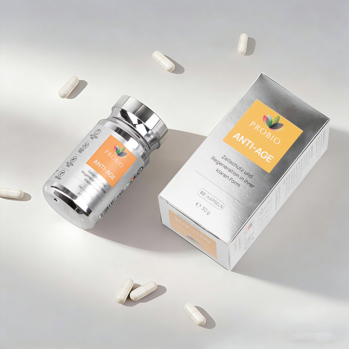 Probio Anti-Age – OPC, Resveratrol und Coenzym Q10, Silberdose und Produktbox mit Kapseln auf hellem Hintergrund, 60 Kapseln