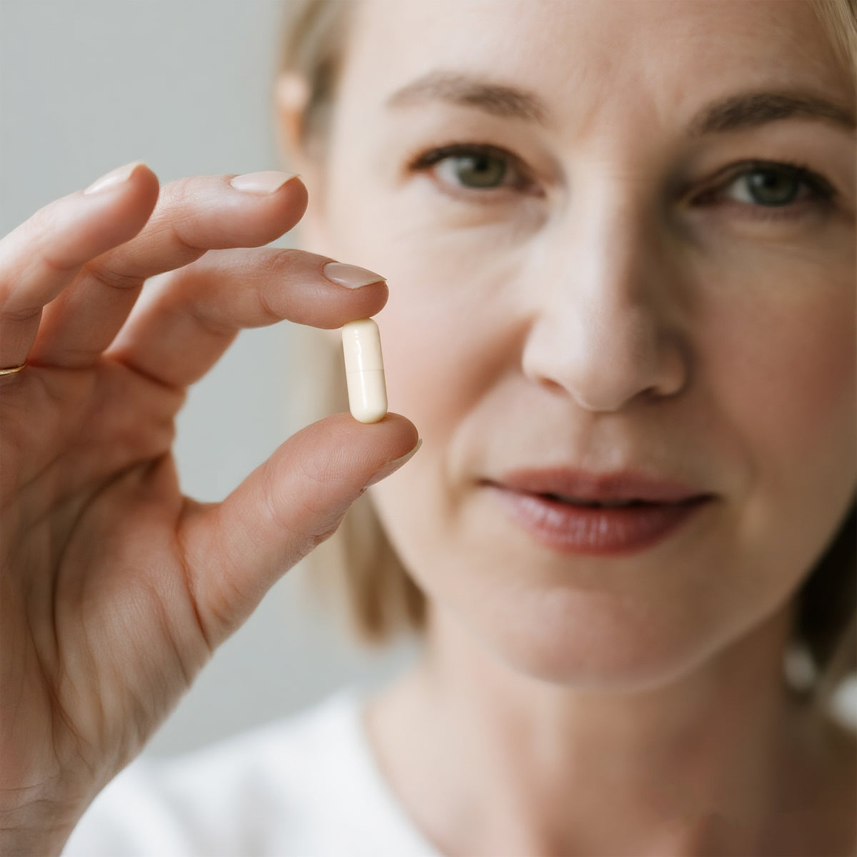 Frau hält eine Collagen Booster Kapsel von Probio zwischen den Fingern – Nahrungsergänzung für Haut, Haare und Nägel