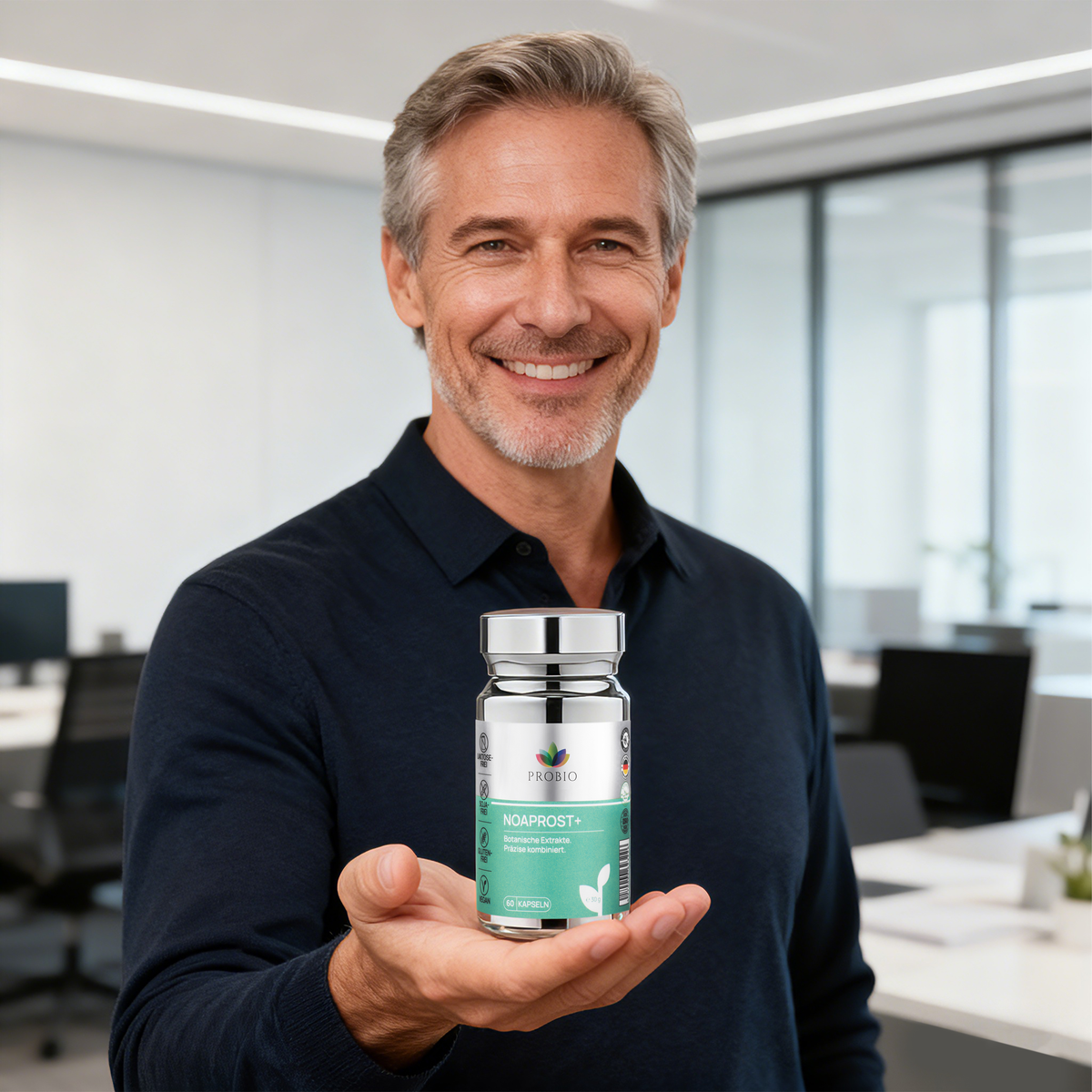 Mann hält PROBIO NOAPROST+ in der Hand – Premium Nahrungsergänzungsmittel (60 Kapseln), Lifestyle-Foto
