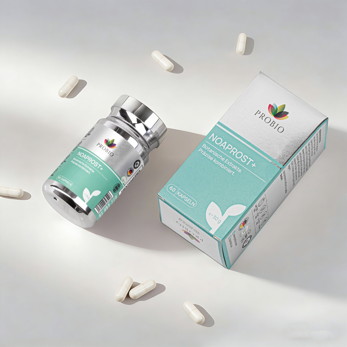PROBIO NOAPROST+ – Dose und Faltschachtel im Studio-Mood mit Kapseln, cleanes Premium-Design