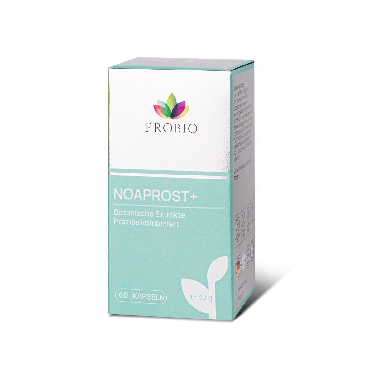 PROBIO NOAPROST+ Verpackung – Faltschachtel Vorderansicht (60 Kapseln), botanische Extrakte, Premium-Design