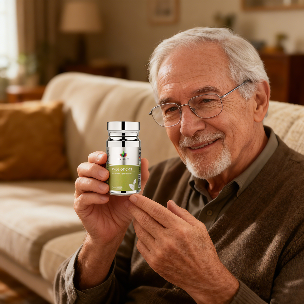 PROBIO PROBIOTIC-13 – älterer Mann hält die Flasche im Wohnzimmer (Lifestyle-Foto)