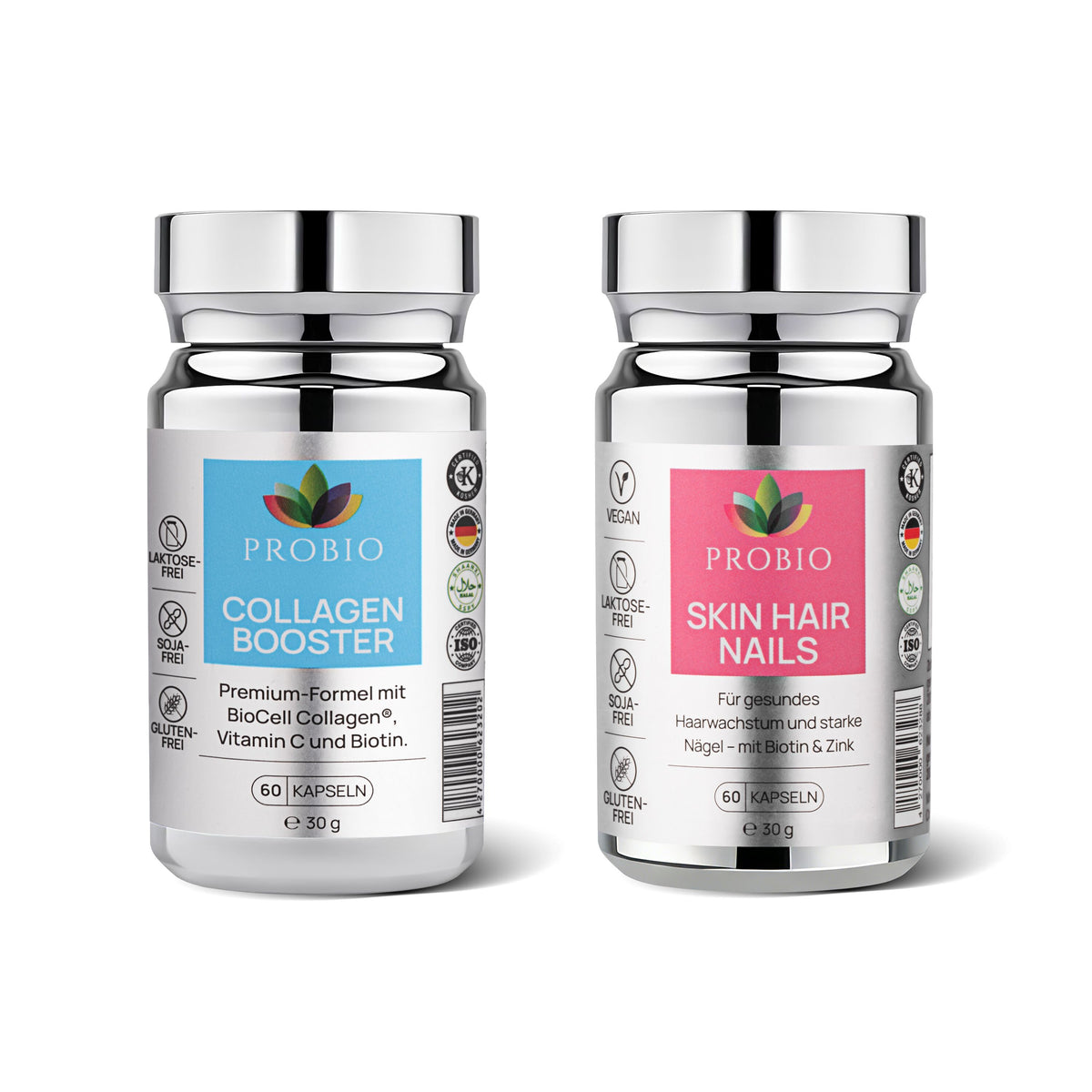 PROBIO RADIANCE PROTOCOL Set: Collagen Booster und Skin Hair Nails – Produktdosen vorne