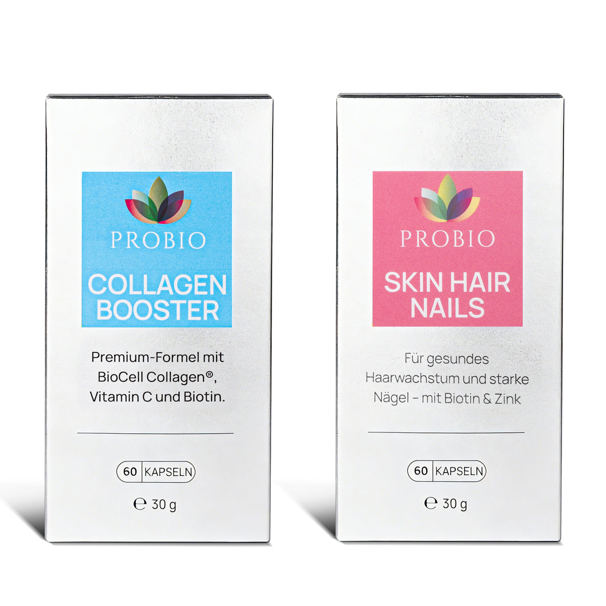 PROBIO RADIANCE PROTOCOL Set: Collagen Booster und Skin Hair Nails – Verpackungen vorne (60 Kapseln)