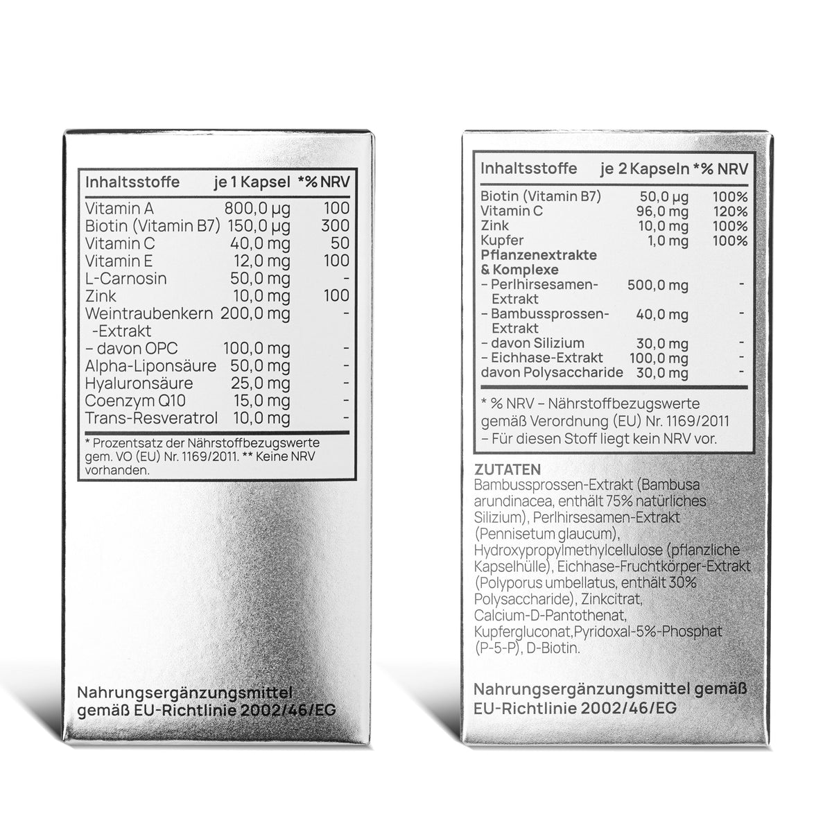 PROBIO RADIANCE PROTOCOL: Rückseiten der Verpackungen mit Nährwerttabelle und Zutaten (Collagen Booster & Skin Hair Nails)