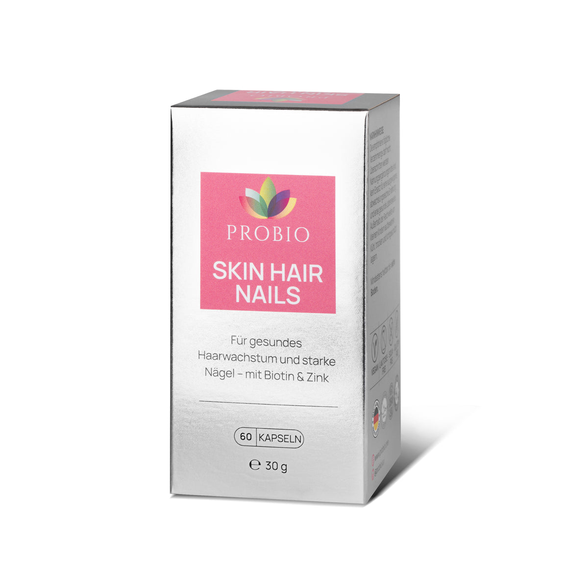 Model hält Probio Skin Hair Nails – Nahrungsergänzungsmittel mit Zink, Biotin, Polyporus umbellatus, Bambusextrakt und Perlhirse, 60 Kapseln