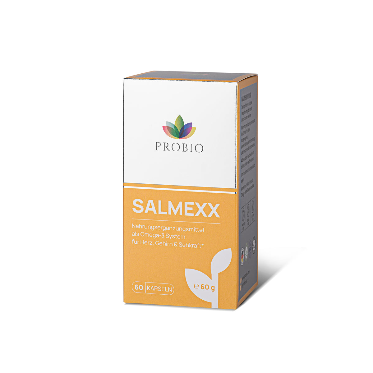 Probio SALMEXX Nahrungsergänzungsmittel – Omega-3 System für Herz, Gehirn und Sehkraft, 60 Kapseln in orange-weißer Premium-Verpackung.