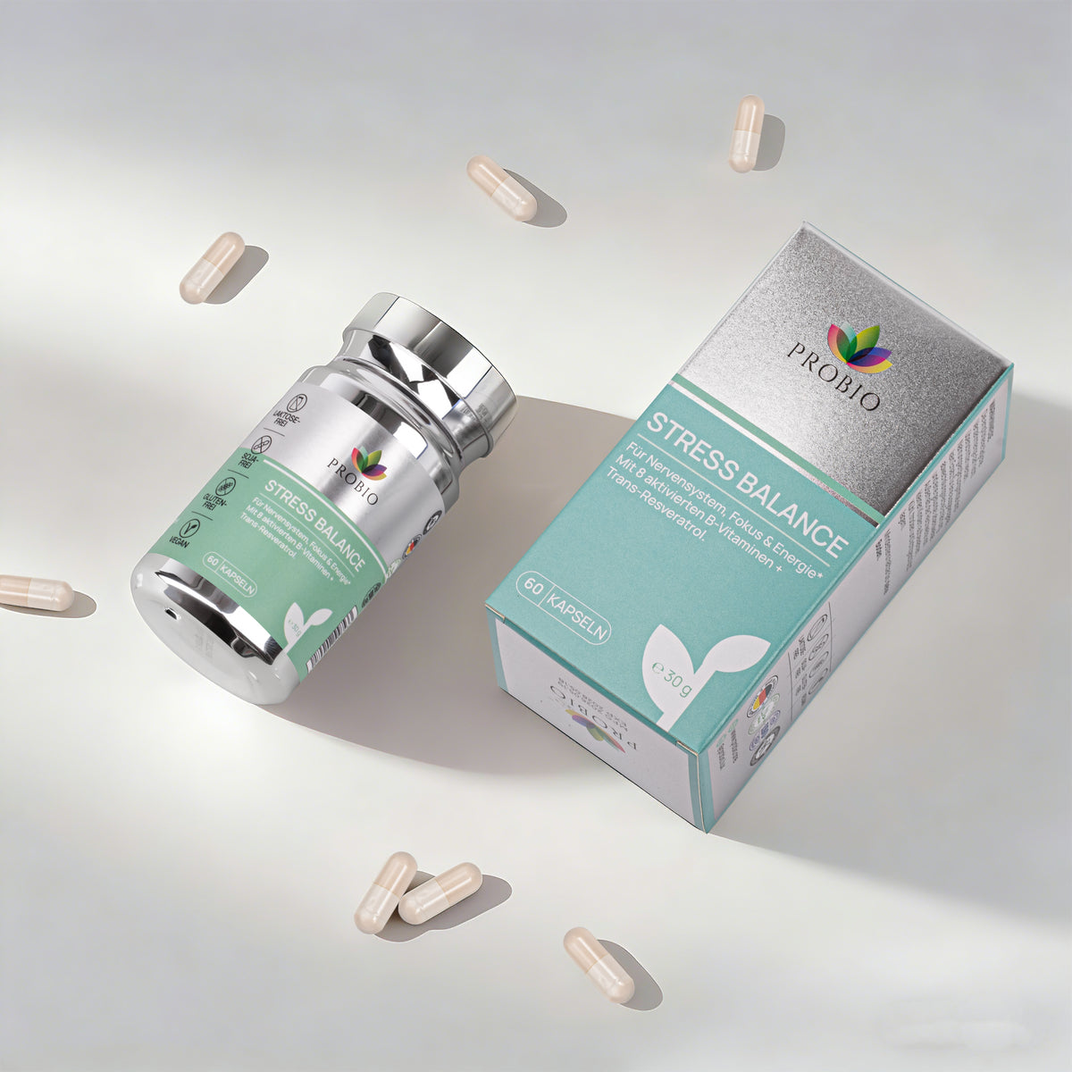 Probio Stress Balance Kapseln für Fokus, Nerven und Energie mit aktivierten B-Vitaminen und Trans-Resveratrol