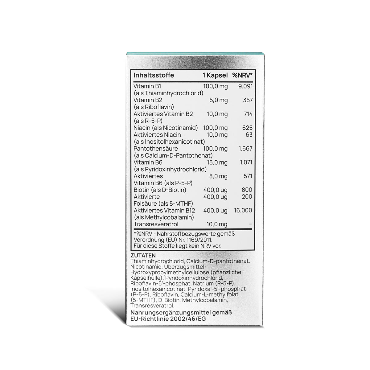 Probio Stress Balance Inhaltsstoffe mit aktivierten B-Vitaminen, 5-MTHF, Methylcobalamin und Trans-Resveratrol