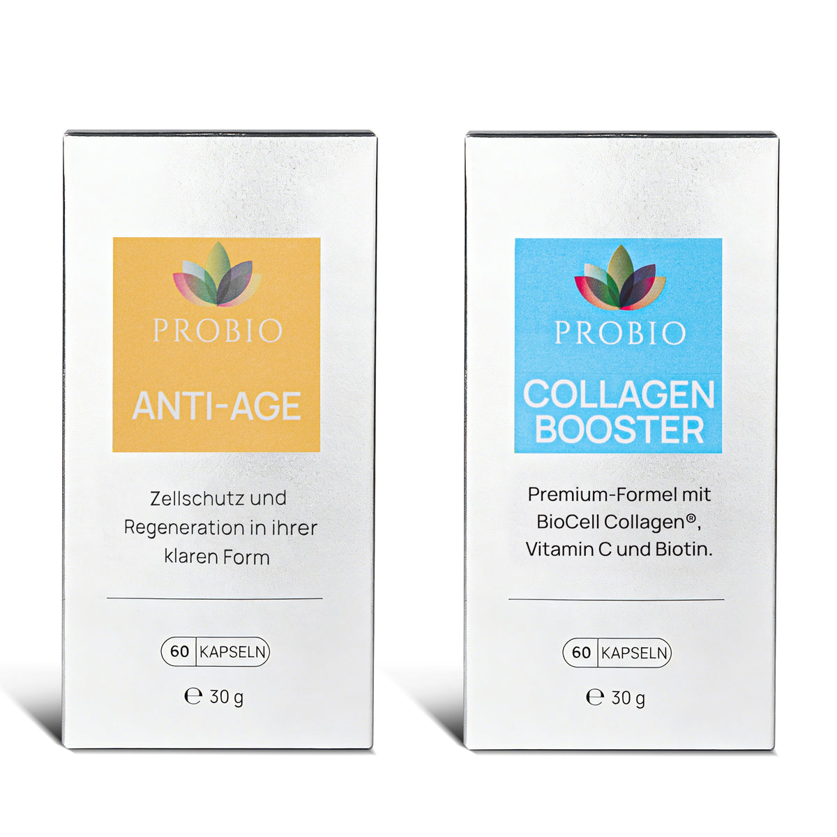 PROBIO TIMELESS PROTOCOL Set: Anti-Age und Collagen Booster – Verpackungen vorne (60 Kapseln)